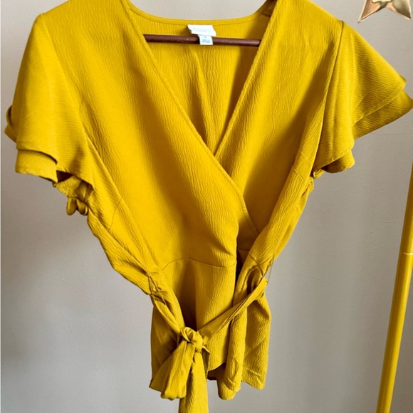 a new day Tops - A New Day Mustard Wrap Blouse Short Sleeve Tie Waist Top Size Medium